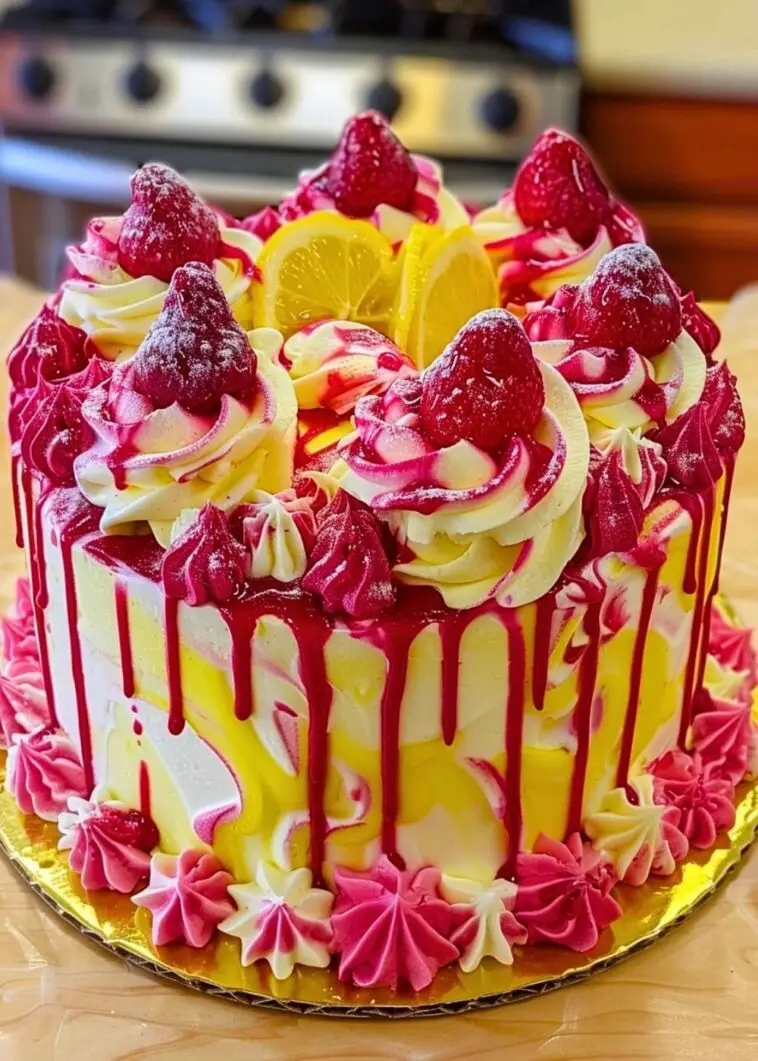 Velvet Lemon Cream Cake with Strawberry Swirl